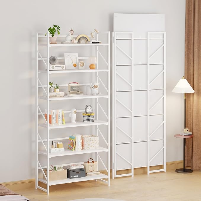 JSB 6 Tier No Assembly Folding Bookshelf, 30.7" Wide Foldable Storage Bookcase for Home Office, Space-Saving Storage Shelf for Living Room (All White)