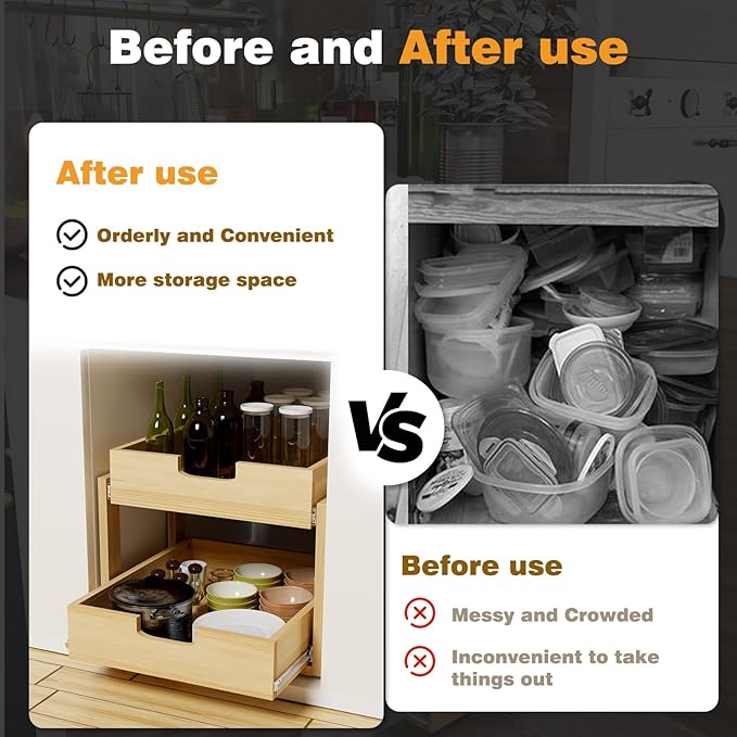 Pull Out Cabinet Organizer, 23''W×21''D Sliding Drawers for Cabinets, 2 Tier Soft Close Slide Out Wooden Pull out Drawers, Base Cabinet Organization for Kitchen, Pantry, Bathroom