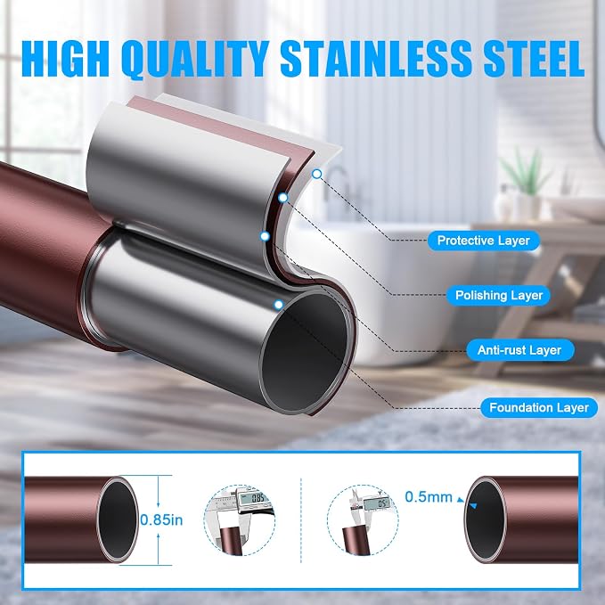 TEECK Shower Curtain Rod, 32-68 inch Adjustable Spring Tension Curtain Rod, Never Rust Anti-Slip Shower Curtain Rod for Bathroom, No Drilling, Never Collapse, Easy to Use, Brown