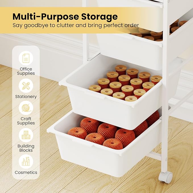 GOFLAME 4-Drawer Rolling Storage Cart, Craft Storage Cart with Wooden Tabletop and Lockable Wheels, Art Cart Supply Storage Organizer with Metal Frame for Home Office Classroom, White