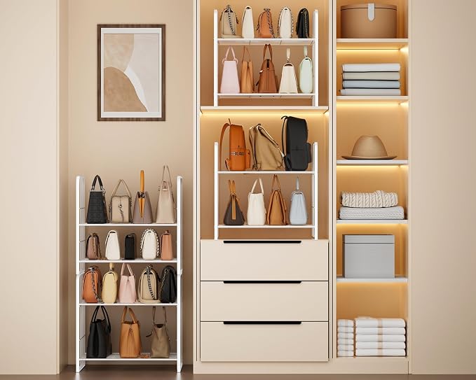 HapiRm Adjustable Purse Organizer for Closet - Purse Rack with Stackable & Separable Design, Large Capacity 4 Tier Handbag Organizer for Various of bags, Space-Saving bag rack for Home