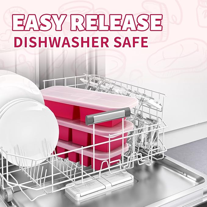 SHIKORI Silicone Freezer Trays with Lid,4-cup Soup Freezer Container large Ice Cube Molds with Reinforced Steel Ring Top for freezing Soup Sauce Broth Leftovers oven Dishwasher-Safe (Cranberry-2 Cup)