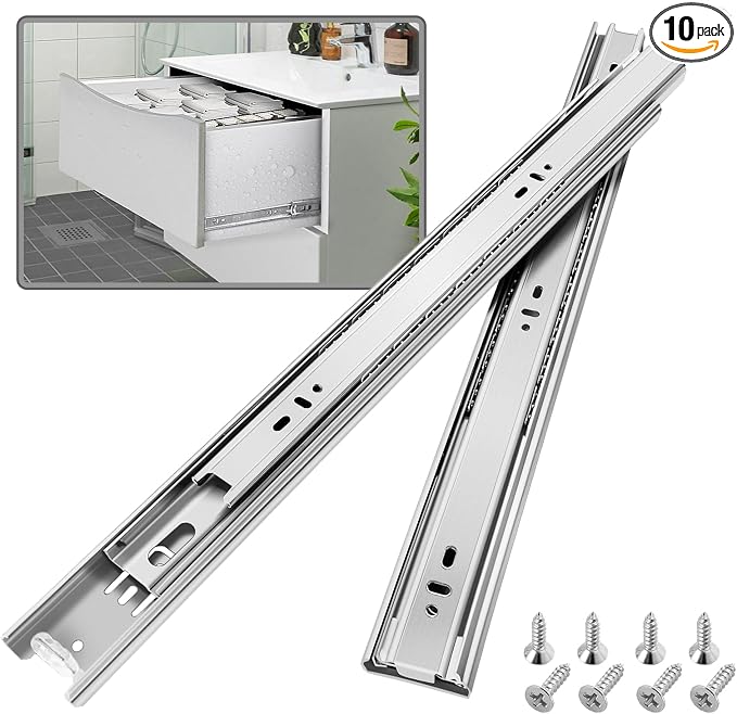 10 Pair Stainless Steel Full Extension Ball Bearing Drawer Slides 8 10 12 14 16 18 20 22 24 Inch 100 LB Load Capacity Side Mount Cabinet Rails Dresser Metal Runners Kitchen (20 inch,Stainless)