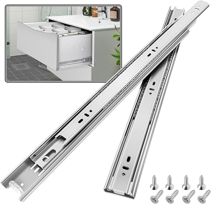 1 Pair Stainless Steel Full Extension Ball Bearing Drawer Slides 8 10 12 14 16 18 20 22 24 Inch 100 LB Load Capacity Side Mount Cabinet Rails Dresser Metal Runners Kitchen (12 inch,Stainless)