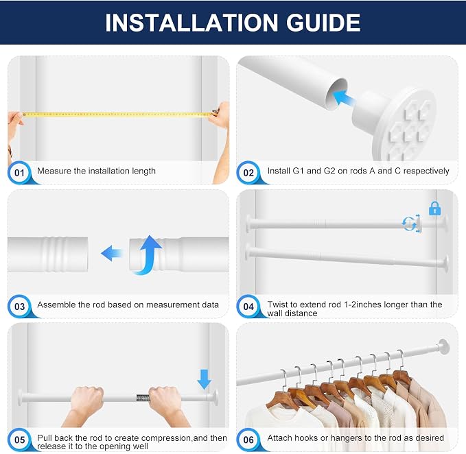 No Drilling Closet Rod, 27.5-82 Inches Hanging Closet Rod for Clothes, Closet Bar & Pole Heavy-duty, Closet Rods for Hanging Clothes For Closet Wardrobes Bathroom Laundry RV Curtains,White