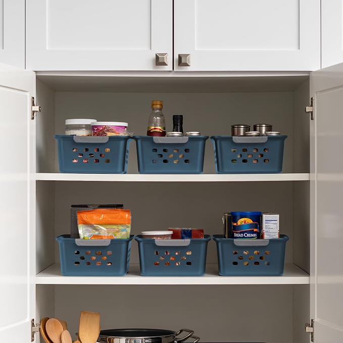 IRIS USA 12-Pack, Small Plastic Storage Basket, Navy | Organize pantry items, office supplies, crafts, accessories, and household essentials with easy-carry storage for shelves