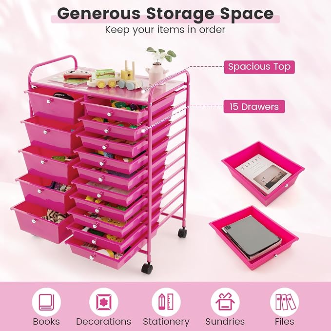 DREAMADE Rolling Cart with 15 Drawers, Rolling Drawer Organizer Cart w/Lockable Wheels, Removable & 2-Sized Storage Drawers, Art Cart for School Home Art Supplies Crafts File Scrapbook