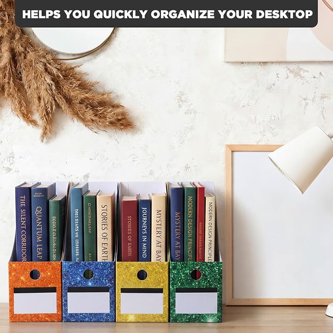 Jutom 32 Pcs Magazine File Holder Set Including Colored Foldable Desk File Holder Organizer White Label Stickers Cat Pen Cardboard Magazine Storage Box for Document School Office (Solid,Glitter)