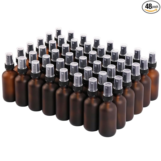 NOOEEISS Green Glass Small Spray Bottles 2 oz 48 Packs,Fine Mist Sprayer Pretty Finish,Refillable Containers mini spray bottles for Cleaning Solutions and Skin Care (Amber Frosted 48Pack)