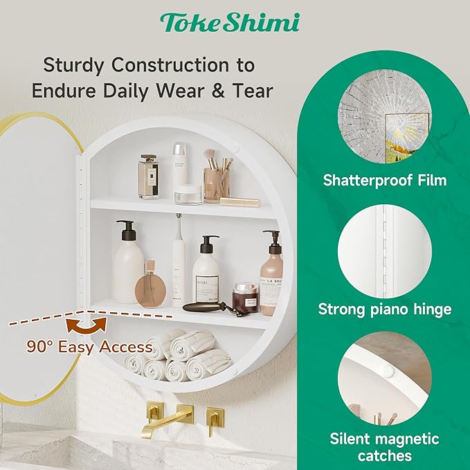 TokeShimi 26x26 Round Medicine Cabinet for Bathroom,Gold White Circle Medicine Cabinet with Mirror Shatterproof,Detachable Shelves,Wall Mounted Only