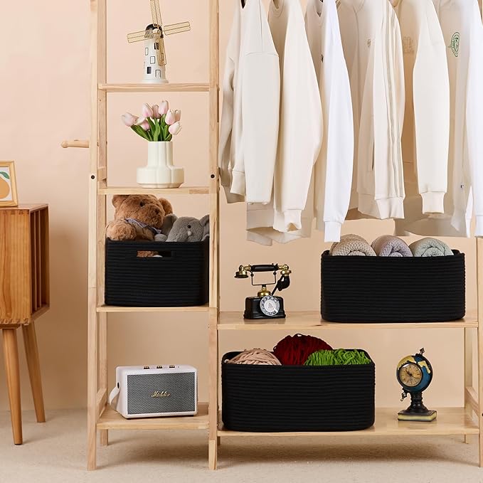 MiniArk Large Storage Baskets for Organizing, 17 x 13 x 7.5” Closet Shelf Baskets for Clothes Blanket Towels, Baby Nursery, Toy Bins Box, Woven Rope Baskets, 4 Packs Black