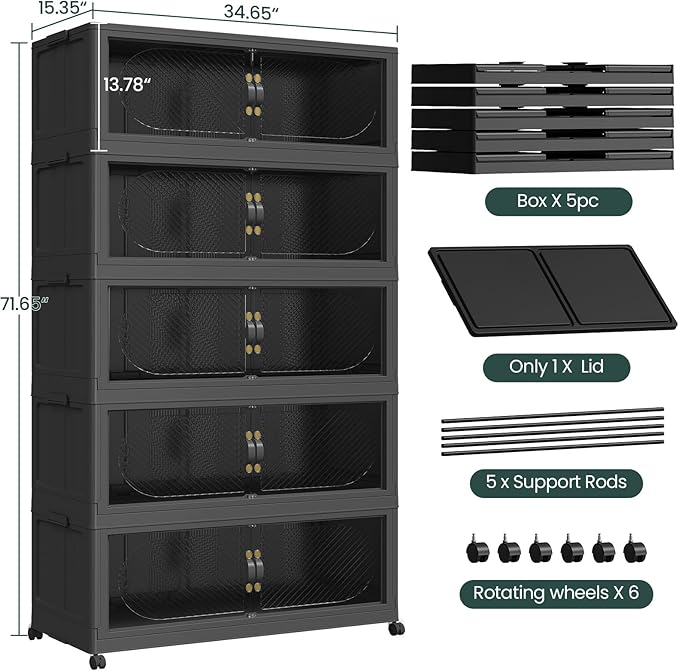300Gal/1200QT 5-Tiers Extra Large Stackable Storage Bins with Lid, Collapsible Cabinet Closet Organizer Plastic Container Box with Wheels Doors Drawers for Office Dorm Kitchen Office, Black