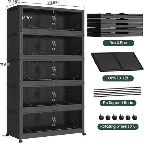1200QT Extra Large Stackable Storage Bins with Lid & Wheels & Doors, 300Gal Foldable Collapsible Closet Organizers, Plastic Cabinet Box Container Drawer for Home Kitchen Bedroom, 5Pack Black