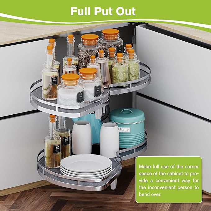 Blind Corner Cabinet Pull Out Organizer, Soft Close Swing Left Pull Out Cabinet Organizer 26 inch, Corner Cabinet Lazy Susan for Cabinet Blind Shelf, 2 Tiers Tray, Adjustable Height