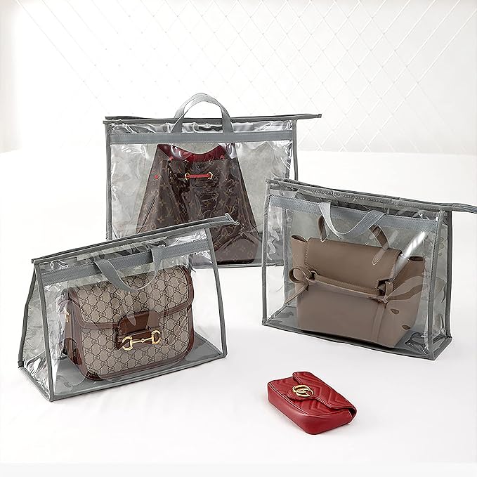 10 Set Handbag Storage Organizer Dust Bags for Purses Handbags Closet, Clear Purse Protector Storage Bag Dust Cover for Bags, Closet Organizer for Handbags with Hooks, Grey