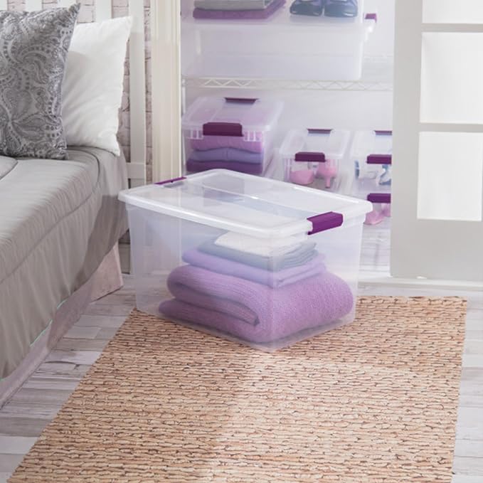 Sterilite 66 Qt ClearView Latch Storage Box, Stackable Bin with Latching Lid, Organize Clothes, Blankets, Items in Closet, Clear Base and Lid, 12-Pack