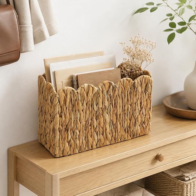 Water Hyacinth Magazine Holder, Tall Narrow Scalloped Basket | Wicker Book Basket Natural Water Hyacinth Scalloped Edge Magazine Basket Desk, Office, Entryway Storage 15"L x 6"W x 11"H