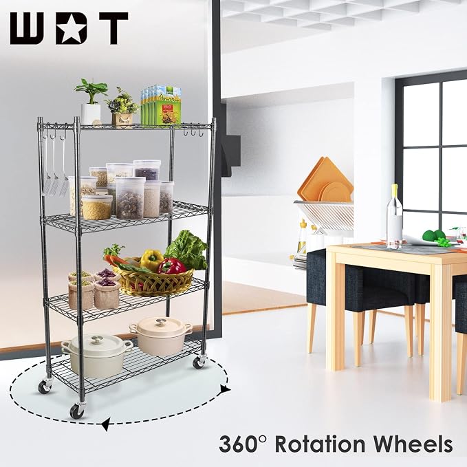 WDT 4-Tier Storage Shelves, Heavy Duty Metal Shelves Wire Rack Shelving Unit, Adjustable Shelf with Wheels for Home Office Garage Kitchen Shelf, 36" D x 14" W x 58" H