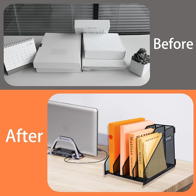 Desk file organizer metal desk magazine folder holder with 4 Vertical Compartments File Organizer for Office Home School, Black