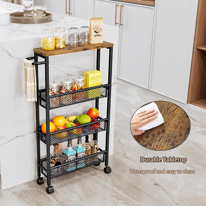 AZERPIAN Slim Rolling Cart 4 Tier Narrow Storage Cart on Wheels with Metal Handle for Kitchen Dining Living Home Office Laundry Room