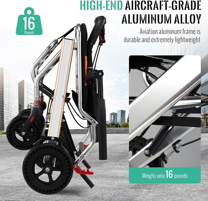 Ultra-Lightweight 19lbs Foldable Transport Wheelchair for Seniors - Portable Aluminum Travel Wheelchair with Carrying Bag, Supports 220lbs Capacity