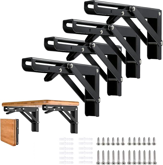 Folding Shelf Brackets - 8 inch 4Pcs Heavy Duty Metal Collapsible Shelf Bracket, DIY Wall Mounted Foldable Shelf Bracket, Space Saving for Bench Table