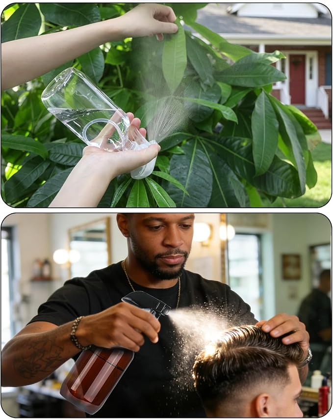 2 Pack 360° Spray Bottles, 16 oz Plastic Small Containers with Adjustable Spray Nozzles, Spray Bottles for Hair, Cleaning Solutions, BBQ and Plants Amber&Clear