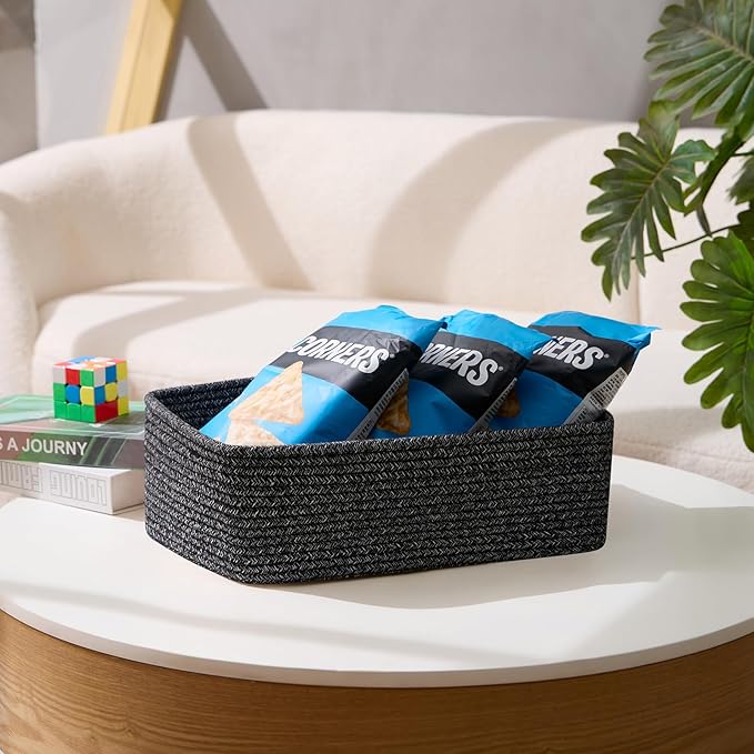 MiniArk Large Shallow Organizing Baskets 15x11x5.1 Inches - Rope Woven Storage Bins for Bathroom, Shelves, Cube Closet, Mixed Black 4 Packs