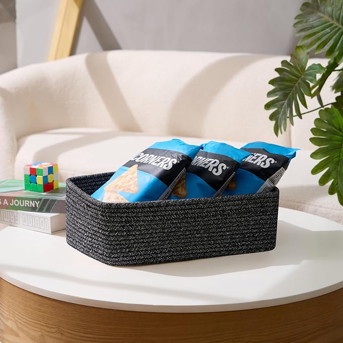 MiniArk Large Shallow Organizing Baskets 15x11x5.1 Inches - Rope Woven Storage Bins for Bathroom, Shelves, Cube Closet, Mixed Black 3 Packs