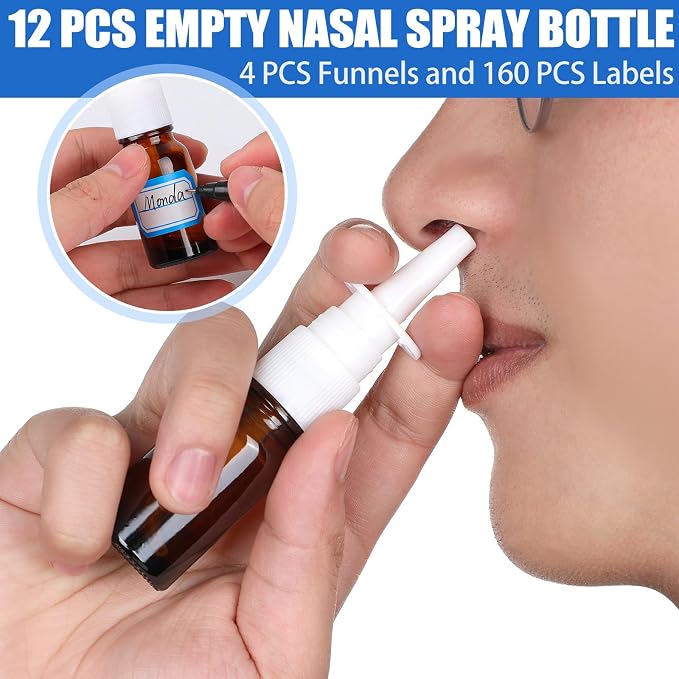 20 Pcs Nasal Spray Bottle, 10ML/0.35OZ 12Pcs Glass Brown Nasal Spray Bottles Empty with 4 Funnels and 4 Labels