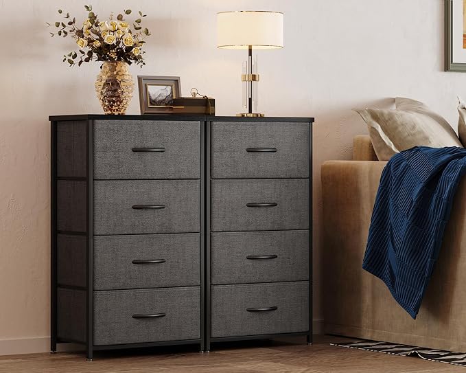ODK Small Dresser for Bedroom with 4 Storage Drawers, Dark Grey | Dresser Chest of Fabric Drawers with Sturdy Steel Frame for Small Space, Wood Top