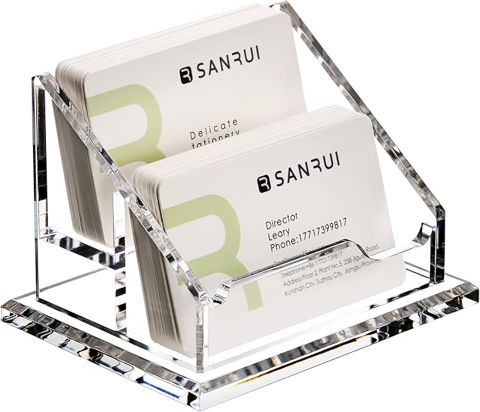 SANRUI Acrylic Business Card Holder, 2 Tier 2 Pocket Clear Business Card Stand ,Horizontal Business Card Display Stand for Exhibition, Home and Office