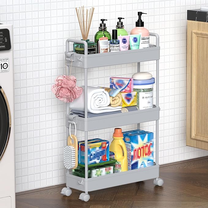 SOLEJAZZ Slim Rolling Storage Cart Skinny Bathroom Organizer, 3 Tier, Gray | Thin utility cart with wheels for bathroom, laundry room, bedside, kitchen, dorm, office, next to fridge, small narrow places
