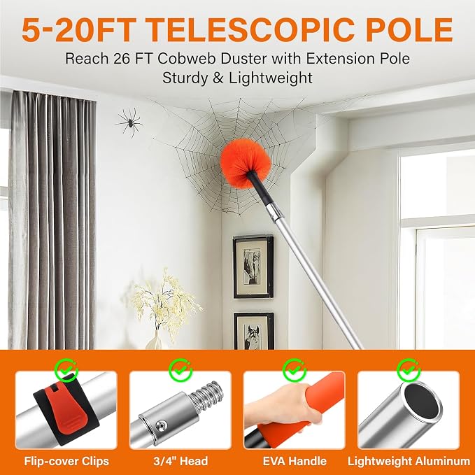 Feather Dusters,Cobweb Duster with 5-20FT Extension Pole | Spider Web for Outdoor & Indoor Web Cleaning | Soft Bristle | Lightweight Extendable Handle | 3/4" Standard Acme Threaded Fits Cleaner Tool
