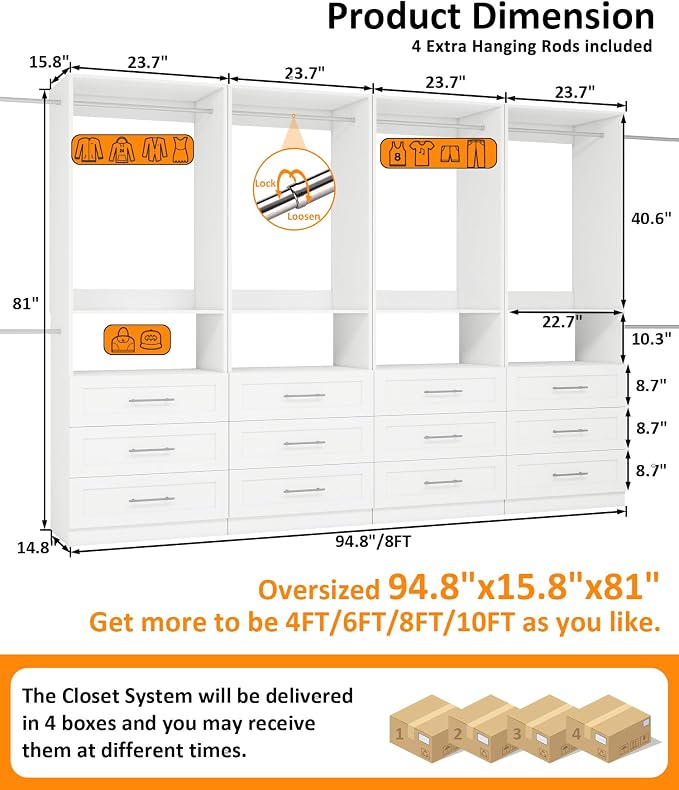 Closet System of 4 Sets, 8FT-20FT Closet Closet Organize System with 12 Wooden Drawers, 8 Hanging Rods & Shelves, Walk in Closet System Storage, Modular Closet System, White(8FT)