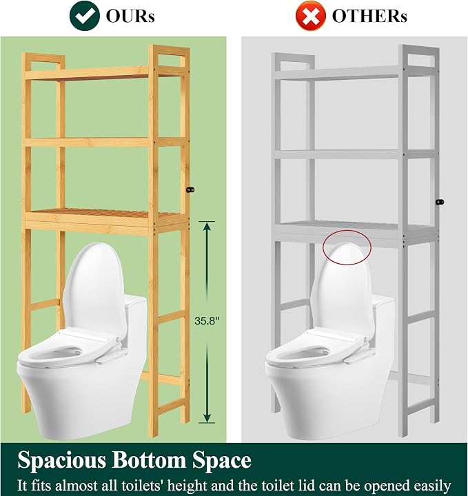 Smiry Over The Toilet Storage Cabinet, 3-Tier Bamboo Bathroom Organizers with Adjustable Shelf & 4 Hooks, Space Saving Shelf Rack for Bathrooms, Laundry Room, Balcony, Natural