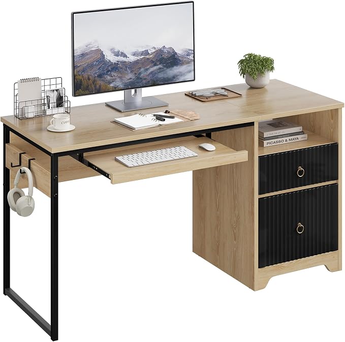 Bestier 55 Inch Office Desk with Fluted Panel & Keyboard Tray, Natural Oak | 55 X 22 In Work Surface, File Drawer, Reversible Pedestal, Fluted Panels And Keyboard Tray For Home Office Storage.