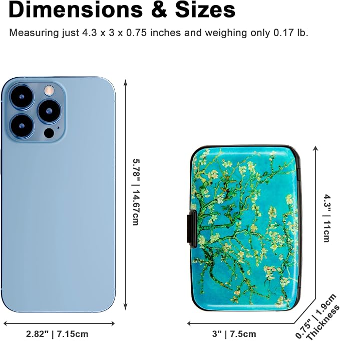 Credit Card Holder, Metal Card Wallet RFID Blocking Mini Slim Aluminum Business Hard Card Case for Women Men (Vincent van Gogh Almond Blossoms)