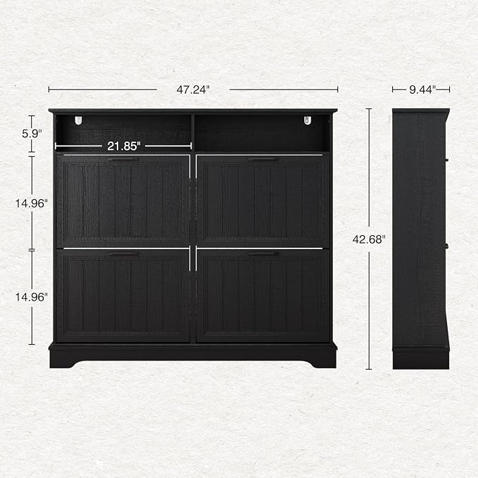 Shoe Storage Cabinet with 4 Flip Drawers, Farmhouse Modern Hidden Shoes Rack Cabinet with Adjustable Shelves & Open Storage, Narrow Slim Shoe Organizer for Front Door Entrance, Entryway, Hallway,Black