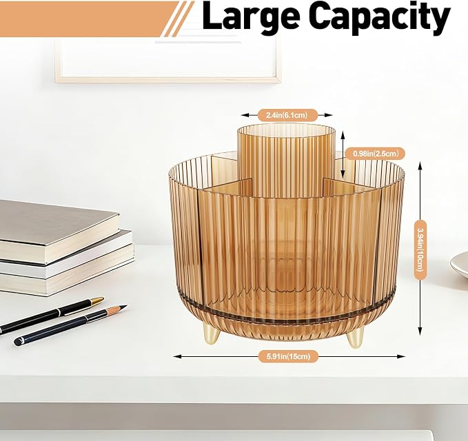 360 Rotating Pen Pencil Holder for Desk, Pen Organizer with 5 Slots, Makeup Brush Holder, Desk Organizer and Accessories, Cute Pencil Cup Caddy for Office School Home Decor Art Supply (Amber)