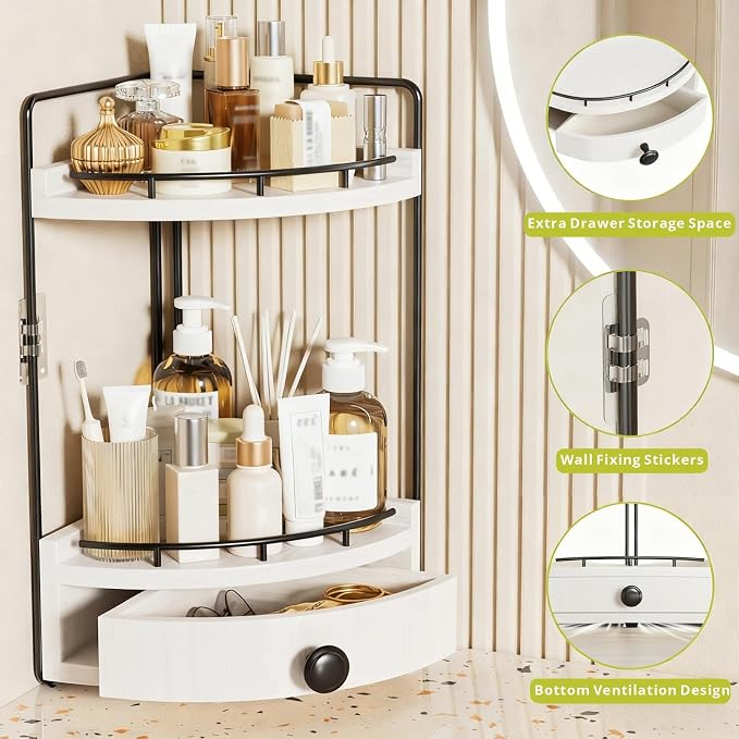 2-Tier Corner Bathroom Counter Organizer with Drawer, White | Embedded Screw Holes, Wooden Countertop Organizers, Space-Saving, Bottom Ventilation Design, Counter Shelf for Vanity