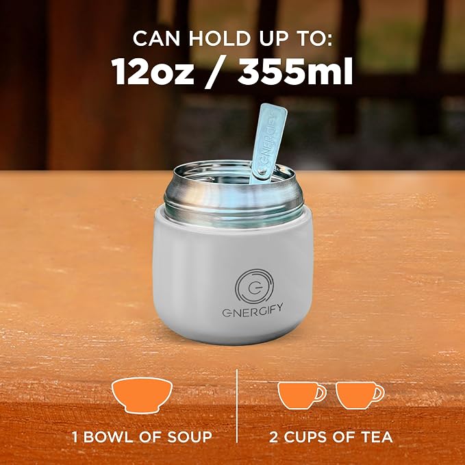 Energify Vacuum Insulated 12oz Titan Gray Thermos with Folding Spoon and Carry Case, BPA-Free, Meal Holder
