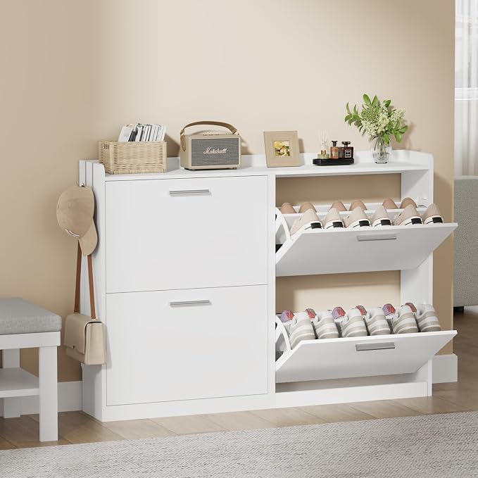 Shoe Cabinet with 4 Flip Drawers, Freestanding Shoe Rack Organizer with Adjustable Shelves, 47.2" W x 8.7" D x 33.1" H Narrow Shoe Storage Cabinet for Entryway, Foyer, Hallway, White