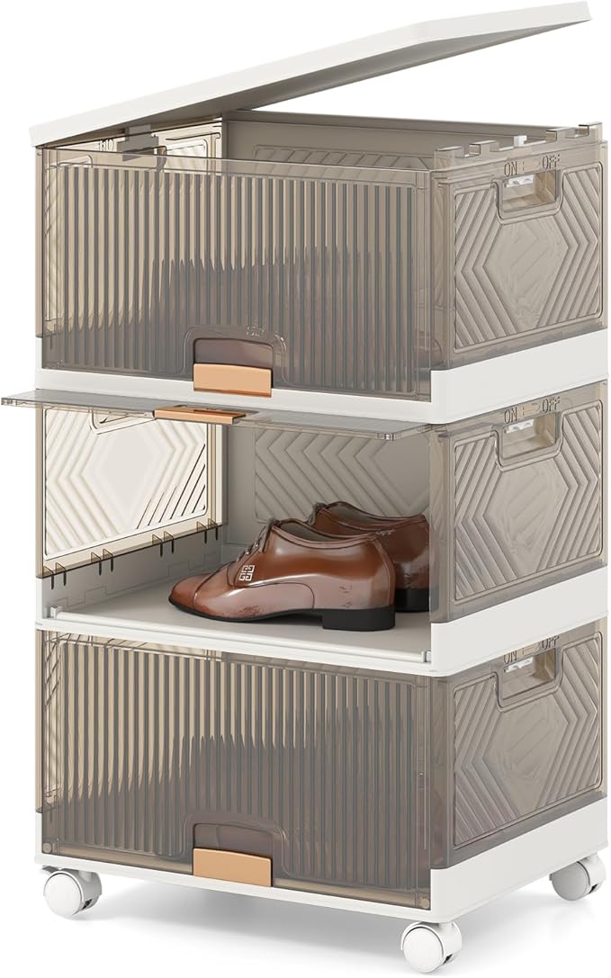 Giantex 3 Tier Stackable Storage Bins with Lids, 13.5 Gal Foldable Shoe Storage Box with Detachable Wheels & Flip-Up Doors, Collapsible Closet Organizers and Storage Bins