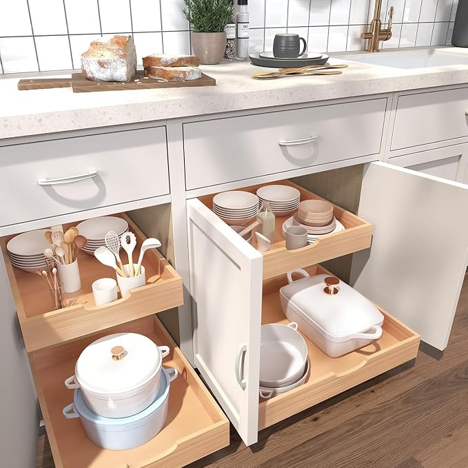 Pull Out Drawers for Kitchen Cabinets, Fully Assembled Wood Cabinet Pull Out Drawer, Pull Out Cabinet Organizer, Fast and Easy DIY Installation, 27”W x 21”D
