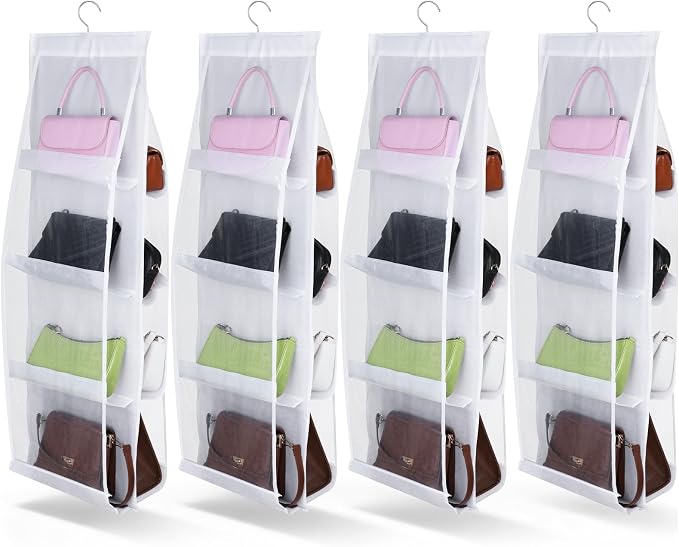 4 Pack Hanging Handbag Purse Organizer for Closet, 8 Pockets Space Saving Purse Storage Organizers Handbag Organizer Holder with Thicken Metal Hooks for Women Wardrobe(White, 41” x 13.8”)