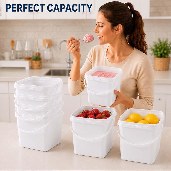 24 Pack Ice Cream Containers, Plastic Buckets with Lids 68 oz, White | 2 Qt Square Food Storage Containers, Handles, Freezer Safe, Leakproof, Reusable
