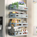 Sevenblue 4-Pack Magnetic Spice Rack for Refrigerator with Hooks, Grey | Strong multipurpose magnetic shelf for kitchen & bathroom organization. Includes 4 removable hooks for hanging items.