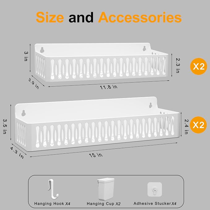 Sevenblue 4-Pack Magnetic Spice Rack for Refrigerator with Hooks, White | Strong multipurpose magnetic shelf for kitchen & bathroom organization. Includes 4 removable hooks for hanging items.