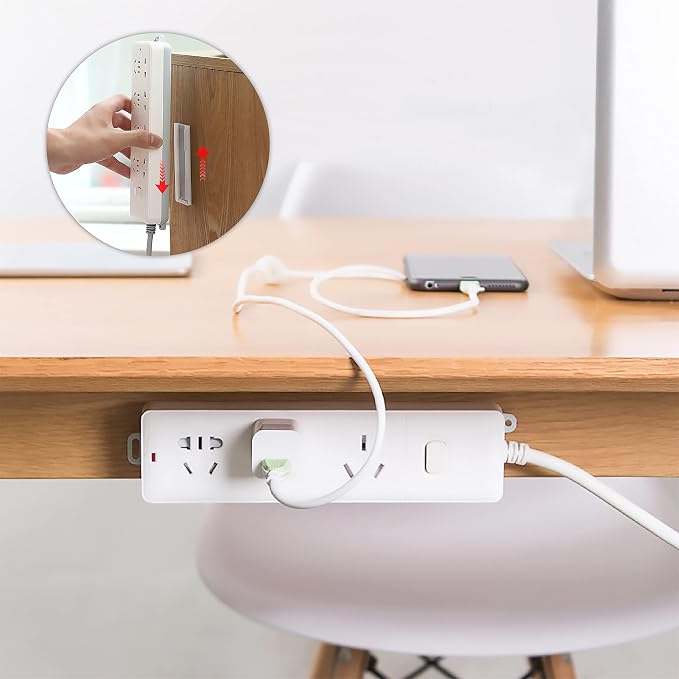 10-Pack Adhesive Punch-Free Socket Holder, Self Adhesive Desktop Socket Fixer, Power Strip Holder Wall Mount with 20 Pcs Cable Organizer Clips, Suitable for WiFi Routers, Remote Controls